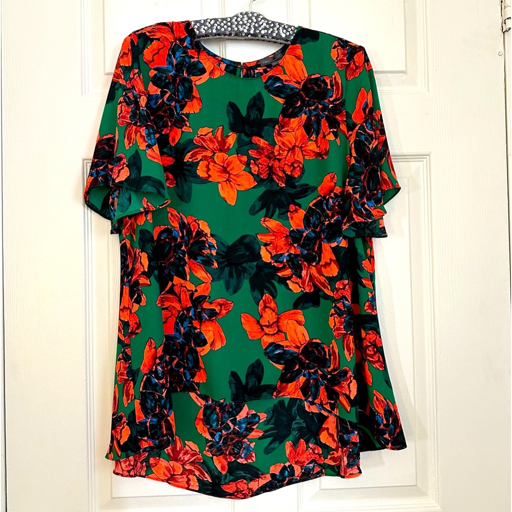 VINCE CAMUTO TROPICAL FLORAL , EMERALD GREEN AND BLACK SWING TOP SIZE L